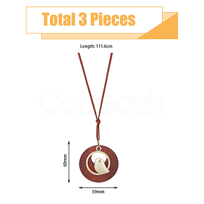 FIBLOOM 3Pcs 3 Colors Alloy Flat Round with Bird Pendant Necklaces Set with Faux Suede Cords NJEW-FI0001-30-1