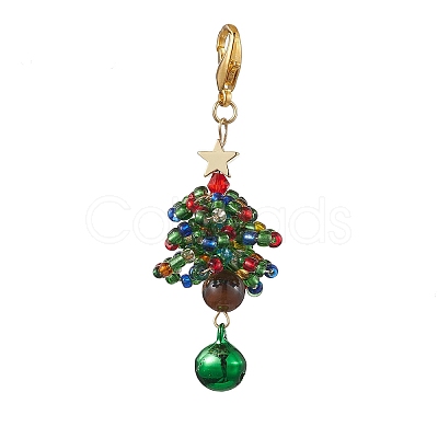 Christmas Tree Glass Seed Beads & Natural Tiger Eye Pendant Decorations HJEW-MZ00075-01-1