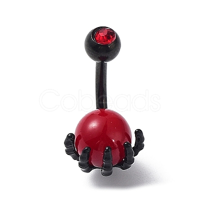 Red PVC Round Beaded Claw Dangle Belly Ring with Rhinestone AJEW-D053-02EB-1