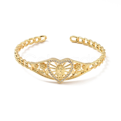 Rack Plating Brass Heart with Virgin Mary Open Cuff Bangle for Women BJEW-M227-02G-1