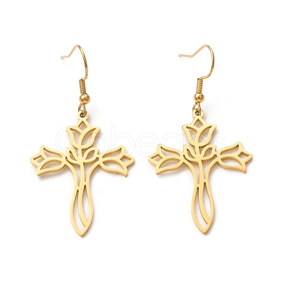 304 Stainless Steel Hollow Out Cross with Flower Dangle Earrings for Women EJEW-P222-02G-1