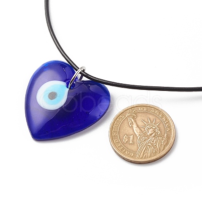 Heart with Evil Eye Lampwork Pendant Necklace with Leather Cord for Women NJEW-JN03924-01-1