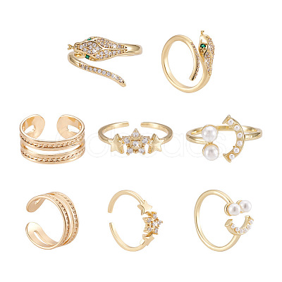 Cheriswelry 4Pcs 4 Style Snake & Smiling Face & Star Brass Cuff Rings for Her RJEW-CW0001-01-1