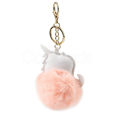 Imitation Rex Rabbit Fur Ball & PU Leather Unicorn Pendant Keychain KEYC-K018-01KCG-03-1