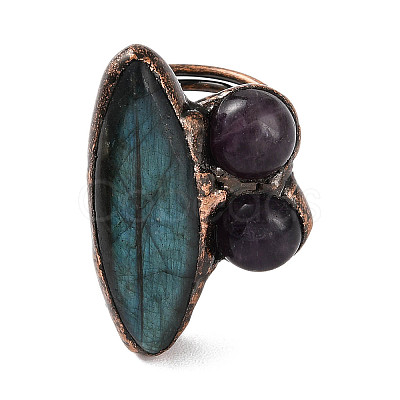 Horse Eye & Round Natural Amethyst & Labradorite Adjustable Rings RJEW-A041-05R-1