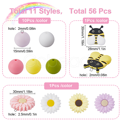 SUNNYCLUE 56Pcs 11 Style Food Grade Eco-Friendly Silicone Beads SIL-SC0001-56-1