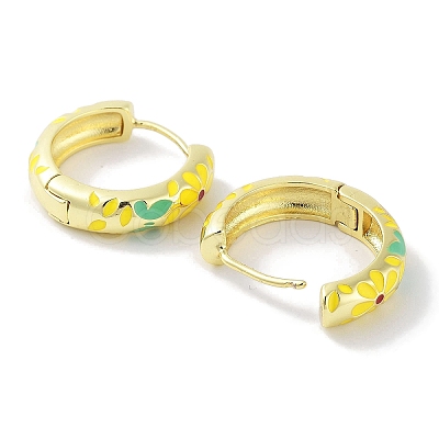 Real 18K Gold Plated Brass Enamel Flower Print Hoop Earrings for Women EJEW-L269-115G-1