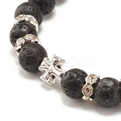 Round Natural Lava Rock with Alloy Beads Stretch Bracelet BJEW-JB07459-1