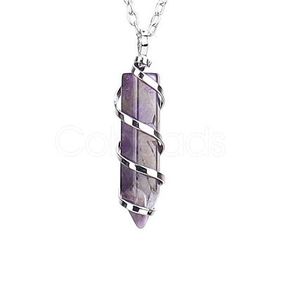 Natural Amethyst Hexagon Prism Pendant Necklace with Platinum Alloy Chains PW-WG80696-01-1