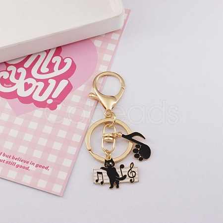 Zinc Alloy Enamel Cat with Piano & Musical Note Pendant Keychain PW-WG11132-02-1