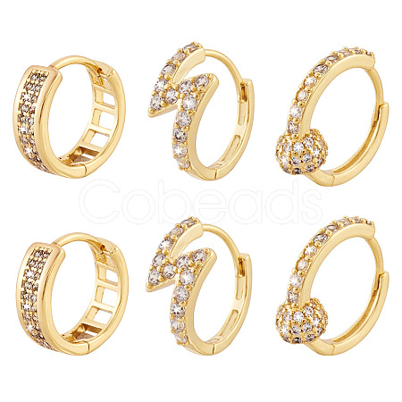 PandaHall Jewelry 3 Pairs 3 Style Round & Lightning Bolt & Square Cubic Zirconia Huggie Hoop Earrings EJEW-PJ0001-03-1