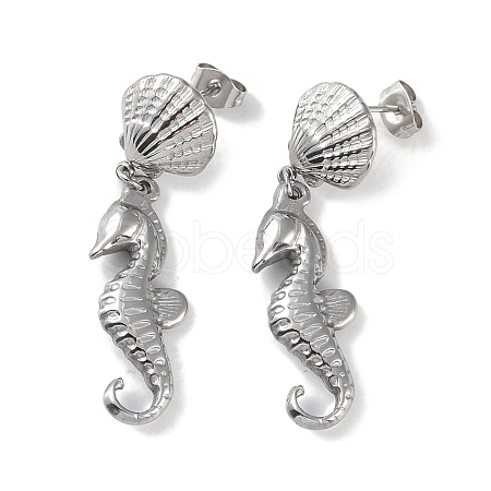 Non-Tarnish Texture Sea Horse 304 Stainless Steel Dangle Earrings EJEW-L283-024P-1