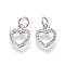 Brass Micro Pave Cubic Zirconia Charms, Lead Free & Cadmium Free, Clear, Heart, Platinum, 10.5x9x2mm, Hole: 3mm