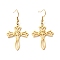 304 Stainless Steel Hollow Out Cross with Flower Dangle Earrings for Women, Golden, 52mm, Pin: 0.7mm