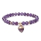 Natural Amethyst Round Beaded Stretch Bracelets, with Heart Charms, Inner Diameter: 2-1/8~2-1/4 inch(5.4~5.6cm)