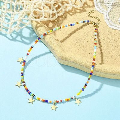 304 Stainless Steel Star Charms Bib Necklace with Glass Seed Beaded Chains NJEW-TA00103-1