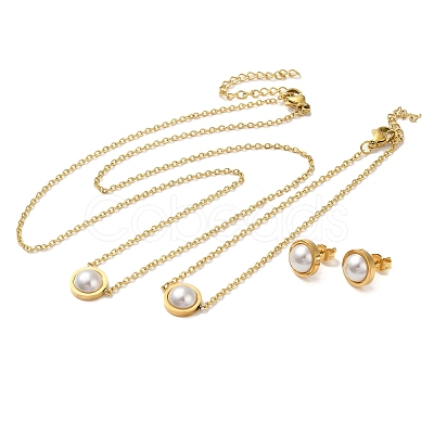 Flat Round Plastic Imitation Pearl Pendant Necklaces & Bracelets & Stud Earrings Sets SJEW-C004-02G-1