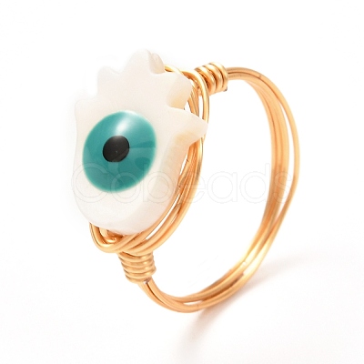 Hamsa Hand /Hand of Miriam Evil Eye Natural Shell Finger Rings for Girl Women RJEW-JR00394-04-1