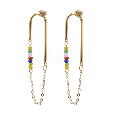 Chain Tassel with Glass Seed Beads Dangle Stud Earrings for Girl Women EJEW-TA00014-1