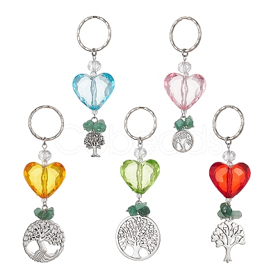 Tree of Life Alloy & Natural Green Aventurine Chips Pendant Keychain KEYC-JKC00594-1