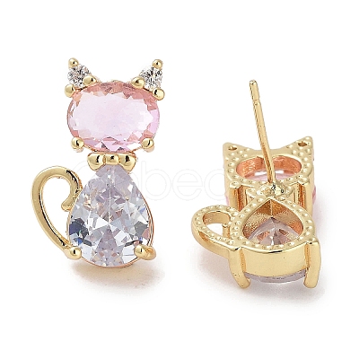 Cat Shape Brass Micro Pave Cubic Zirconia Stud Earrings for Women EJEW-E310-03G-1