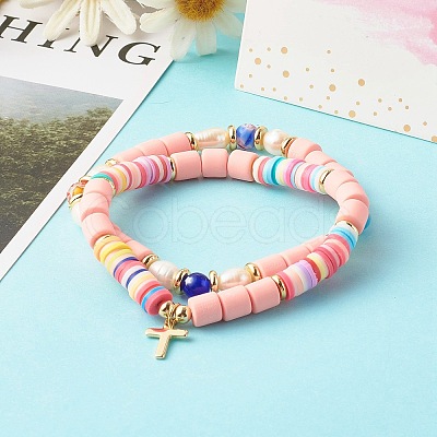 5Pcs 5 Style Handmade Polymer Clay Stretch & Brass Beaded & Alloy Link Chain Bracelets Set BJEW-SZ0001-66A-1