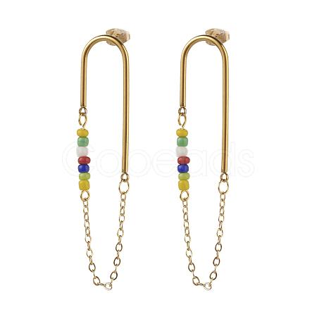 Chain Tassel with Glass Seed Beads Dangle Stud Earrings for Girl Women EJEW-TA00014-1