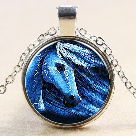 Horse Pattern Flat Round Glass Pendant Necklaces NJEW-N0051-012A-02-1
