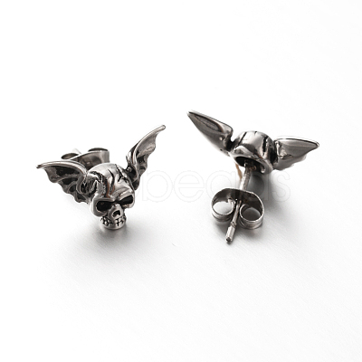 Retro 304 Stainless Steel Skull with Wing Ear Studs EJEW-P057-39-1