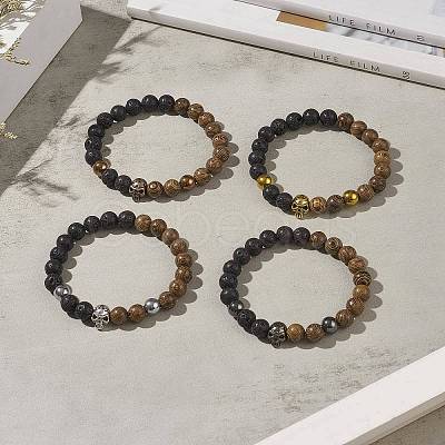 Natural Wenge Wood & Lava Rock Beaded Stretch Bracelet Sets with Synthetic Hematite Beads BJEW-JB09213-1