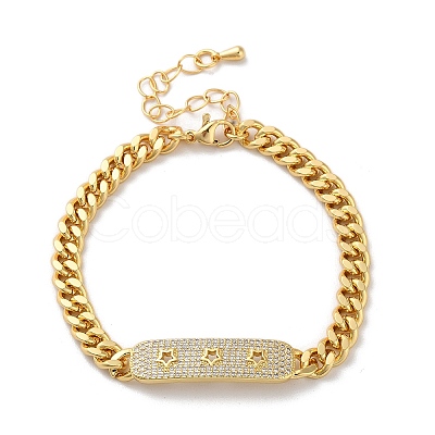 Brass Micro Pave Clear Cubic Zirconia Curved Rectangle with Hollow Star Cuban Link Chains Bracelets for Women BJEW-M322-03G-B-1