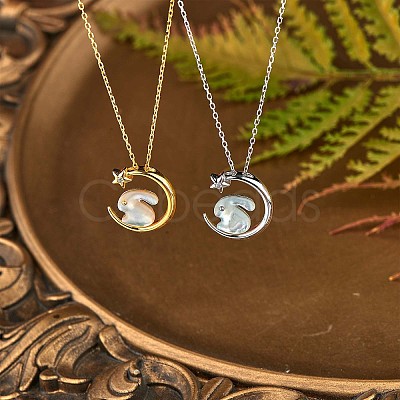 Natural Shell Bunny with Crescent Moon Pendant Necklace with Clear Cubic Zirconia JN1073A-1