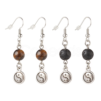 2Pair 2 Style Natural Lava Rock & Tiger Eye with Yin Yang Long Dangle Earrings EJEW-JE04962-01-1