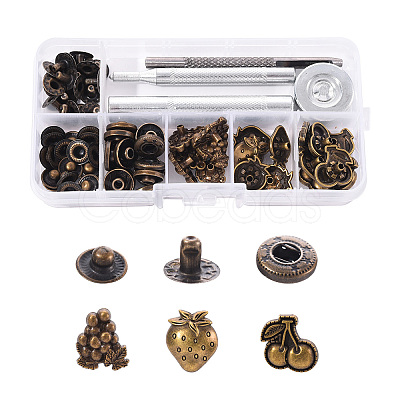 18 Sets Cherry & Grape & Strawberry Brass Leather Snap Buttons Fastener Kits SNAP-YW0001-06AB-1