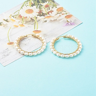 Natural Pearl Beads Brass Hoop Earrings EJEW-JE04565-1