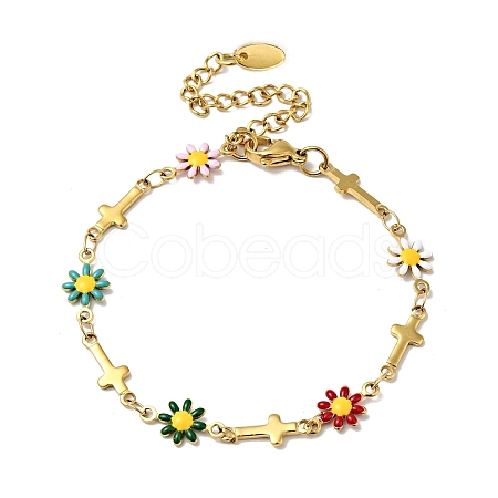 Enamel Flower & Cross Link Chain Bracelet BJEW-C023-01G-01-1