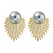 Rack Plating Fan Brass Micro Pave Clear Cubic Zirconia Stud Earrings, with Shell Pearl, Golden, 28x21.5mm