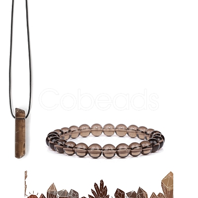 Natural Smoky Quartz Beads Stretch Bracelets & Pendant Necklaces Sets for Men PW-WGF85DB-11-1