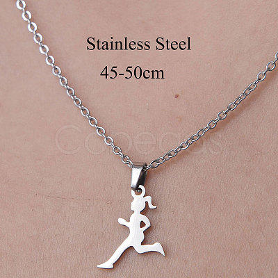 Non-Tarnish 201 Stainless Steel Running Girl Pendant Necklace NJEW-OY001-30-1