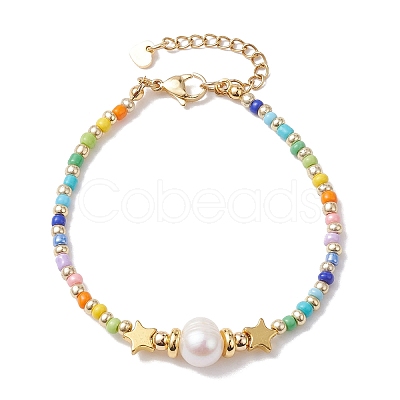 Natural Pearl & 201 Stainless Steel Star & Seed Beaded Bracelet BJEW-JB10118-01-1