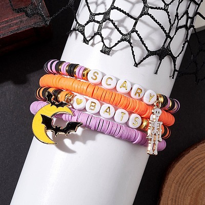 4Pcs Halloween Theme Handmade Polymer Clay Beaded Stretch Bracelets BJEW-TA00469-1