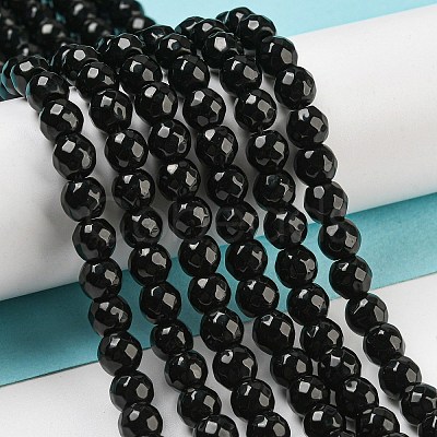 Faceted Round Natural Black Onyx Beads Strands G-S132-01-1