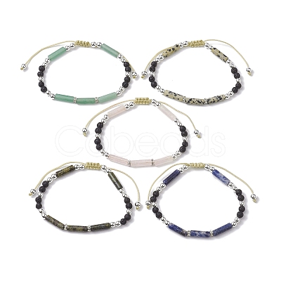 Column Mixed Gemstone & 4mm Round Natural Lava Rock & Electroplate Non-magnetic Synthetic Hematite Braided Bead Bracelets BJEW-JB10328-1