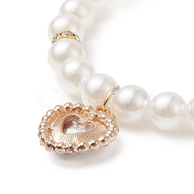 Acrylic Pearl Round Beaded Stretch Bracelet with Alloy Rhinestone Heart Charms for Women BJEW-JB09232-01-1