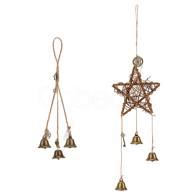 AHADERMAKER 2Pcs 2 Style Brass & Iron Witch Bells Wind Chimes Door Hanging Pendant Decoration AJEW-GA0005-69-1