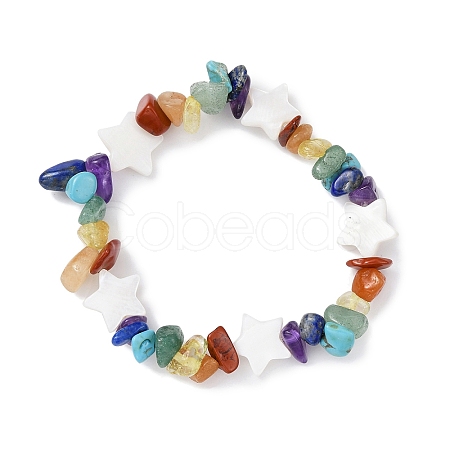 Natural & Synthetic Mixed Gemstone Chips & Shell Beaded Stretch Bracelet BJEW-JB09897-03-1