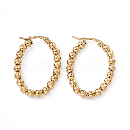 201 Stainless Steel Round Beaded Oval Hoop Earrings with 304 Stainless Steel Pins for Women EJEW-B016-08G-1