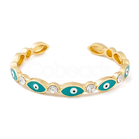 Horse Eye Brass Pave Clear Cubic Zirconia Evil Eye Open Cuff Bangles with Enamel for Women BJEW-S147-06G-01-1