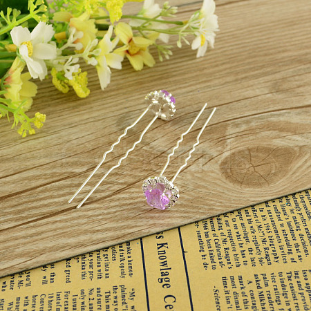 Lady's Hair Accessories Silver Color Iron Glass Rhinestone Flower Hair Forks PHAR-S195-08-1