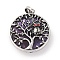 Natural Amethyst Tree of Life with Owl Pendants, Rack Plating Anstique Silver Plated Alloy Siam Rhinestone Flat Round Charms, Lead Free & Cadmium Free, 31.5x27.5x10~11mm, Hole: 8x4mm